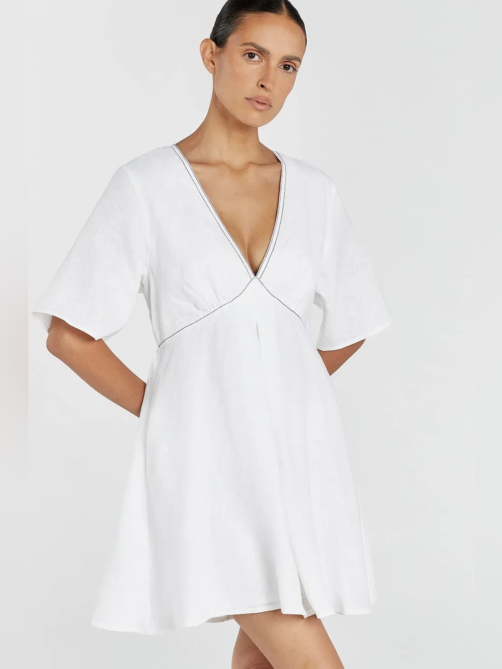 Dissh Rhodes White Linen Baby Doll Style Mini Dress with Contrast Stitching